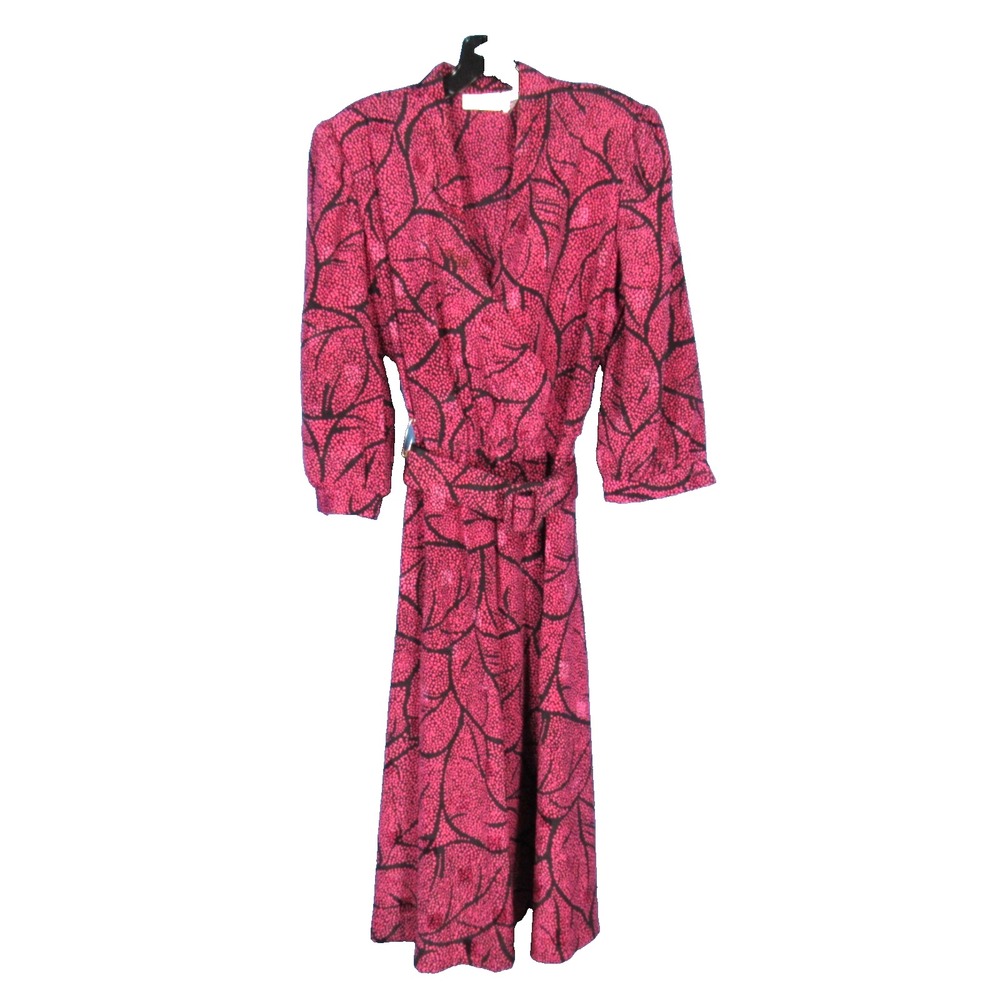 VTG LADY CAROL Pink/Black FLORAL/TROPICAL Belted PLEATED Satin BLOUSON DRESS 14